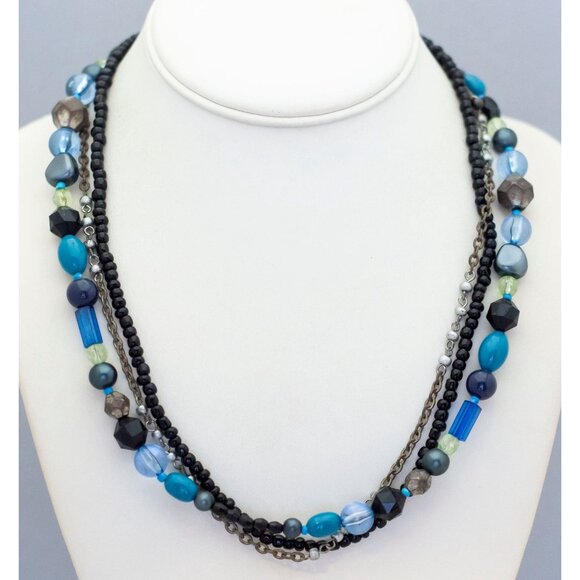 21 inch, Vintage Multi Strand Blue Beads Black Beaded Necklace - CE1 - Picture 2 of 3